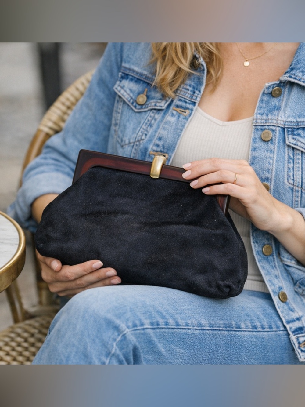Vintage Black Italian Suede Leather Clutch with Frame and Gold Tone Clasp